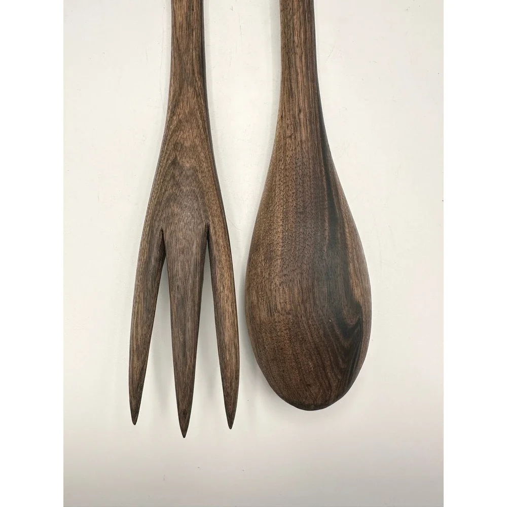 Vintage Teak Wooden Serving Utensils Hand Carved Tribal Salad Fork Spoon Set
